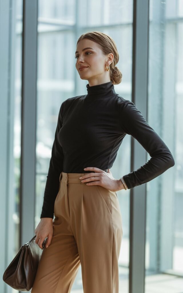 Full-body view of a white-skinned model wearing a fitted black turtleneck tucked into camel high-waist trousers with pointed heels. Indoor office scene, soft window light highlighting her outfit. Standing elegantly with one hand on her hip, subtle smile, hair in a polished low bun. Minimal gold jewelry and a leather handbag complete the look. Natural skin texture visible.