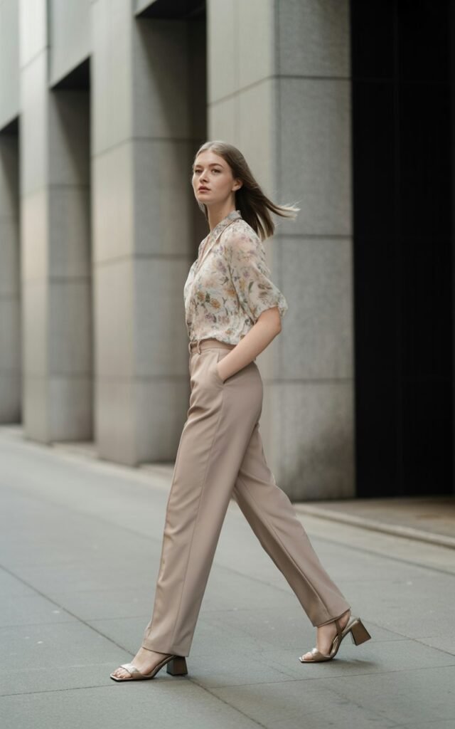Full-body view of a white-skinned model wearing a floral printed blouse tucked into beige tailored trousers with block heels. Urban street setting with diffused daylight. Walking while looking to the side, relaxed expression, hair loose and flowing. Minimal accessories, natural skin texture, editorial feel.