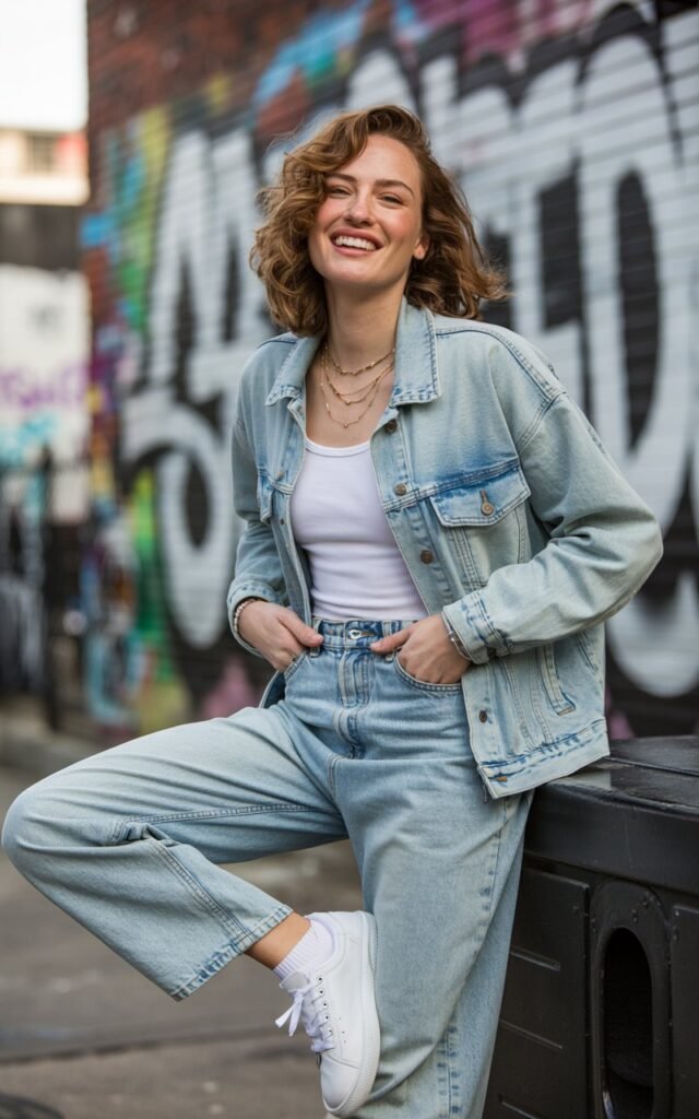 Full-body view of a white-skinned model wearing a light-wash denim jacket with matching high-waist jeans and white sneakers. Urban graffiti wall as background, natural daylight. Standing with legs crossed and hands in pockets, playful smile. Hair in loose beachy waves, delicate layered necklaces. Authentic skin texture, casual editorial style.