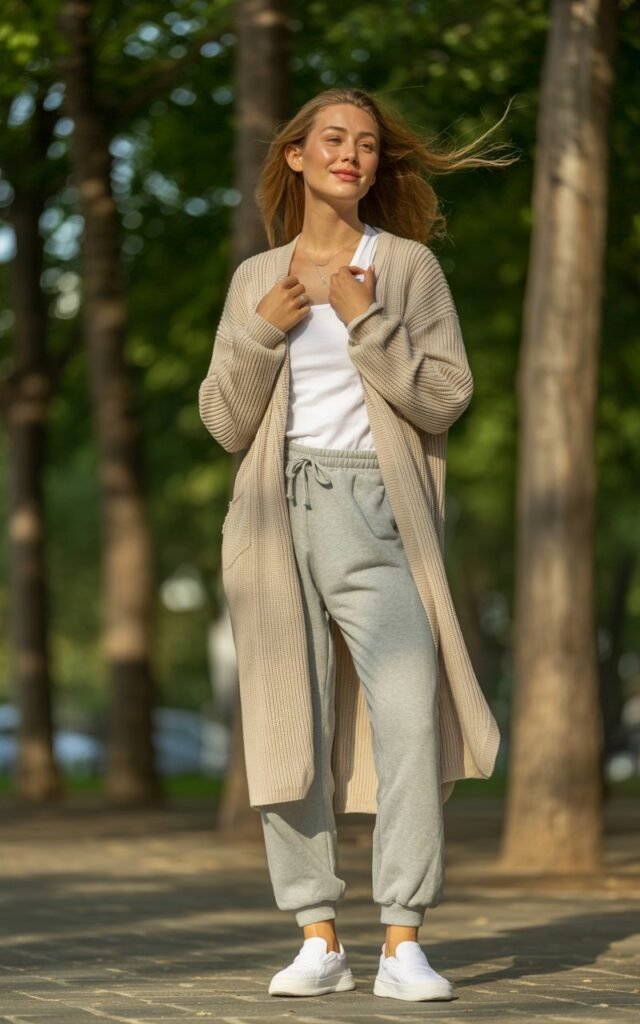 Full-body view of a white-skinned model wearing a long beige knit cardigan over grey sweatpants and white slip-on shoes. Standing in a sunlit park with trees in the background. Hair flowing naturally, minimal makeup, delicate rings. Pose hands gently holding cardigan edges, soft smile, relaxed posture. Realistic skin texture and natural light play highlighted.