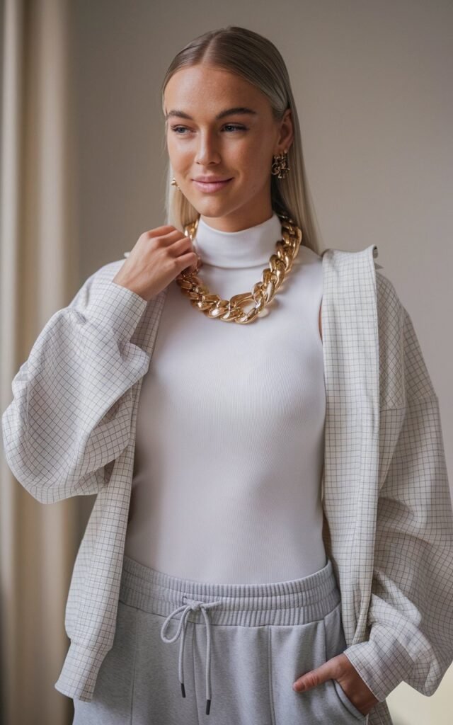 Full-body view of a white-skinned model wearing chunky gold necklaces and earrings with grey joggers and a simple white fitted top. Studio backdrop with soft window lighting. Hair sleek and straight, natural skin texture, minimal makeup. Pose hand lightly touching necklace, confident smile, standing tall. Emphasize jewelry detail, outfit balance, and editorial realism.