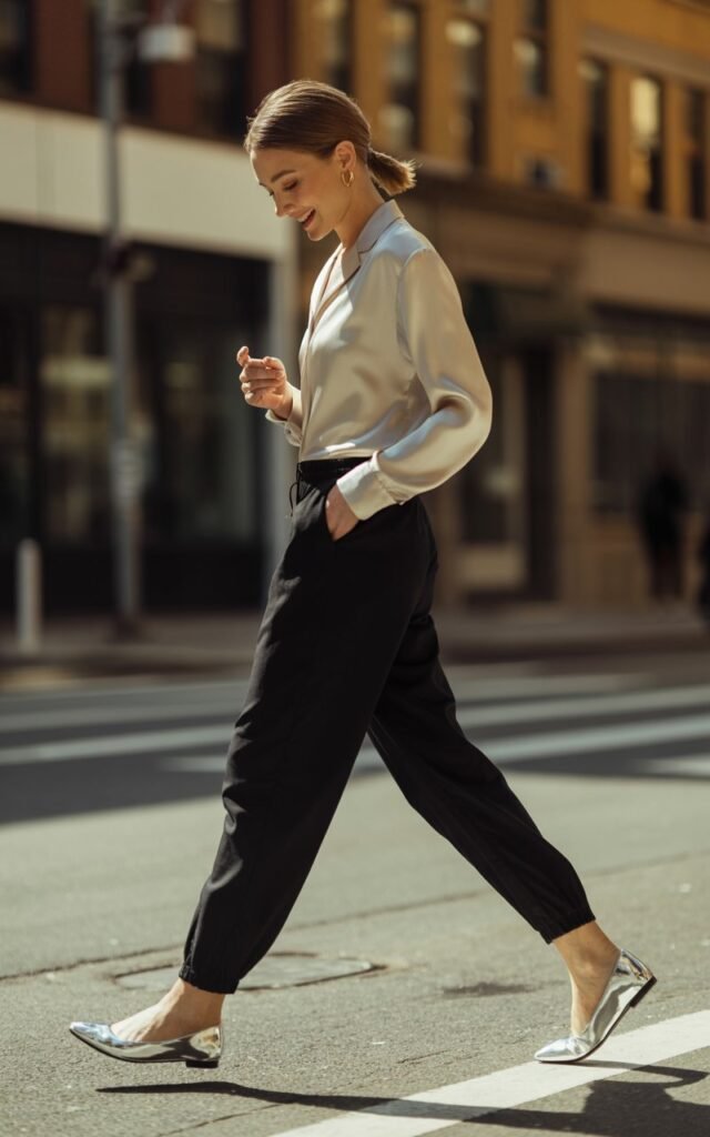 Full-body view of a white-skinned model wearing metallic silver flats with black joggers and cream blouse. Urban street with warm daylight. Hair in a low ponytail, subtle rings, soft natural makeup. Pose: mid-step, looking down at shoes, gentle smile. Emphasize reflective surfaces, fabric textures, and realistic editorial styling.