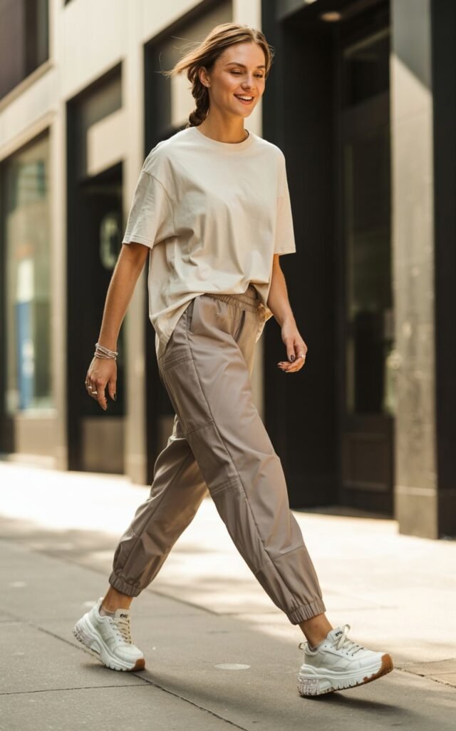 Full-body view of a white-skinned model wearing neutral joggers with an oversized white tee and chunky white sneakers. Walking along a sunlit urban street. Hair in loose braid, casual bracelets, soft makeup. Pose mid-step, looking down with a playful smile. Highlight realistic sneaker texture and sweatpants folds.