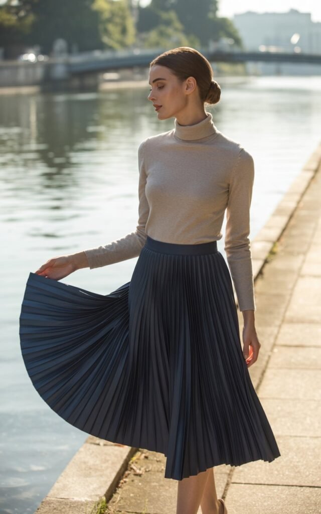 Full-body view of a white-skinned model with a neat low bun, wearing a fitted beige turtleneck and a flowing pleated navy midi skirt. Photographed along a quiet riverside walkway at golden hour. She turns slightly, letting the skirt fan out. Clean, crisp lighting and soft skin glow.