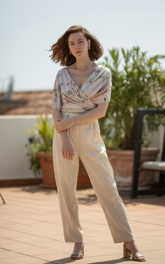 Full-body view of a white-skinned model with brown shoulder-length hair, wearing a floral wrap top, cream high-waist trousers, nude heels, and delicate jewelry. Rooftop patio background with soft daylight. Hands lightly clasped, candid expression. Realistic skin, subtle imperfections, folds in wrap top and trousers emphasized.