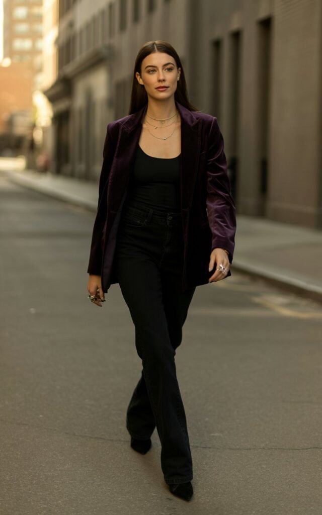 Full-body view of a white-skinned model with dark brown straight hair, wearing an all-black fitted ensemble topped with a deep purple velvet blazer and pointed boots. Accessories layered necklaces, rings. Pose walking confidently on a quiet urban street. Lighting soft evening light highlighting velvet texture. Expression subtle smile, head slightly turned, natural editorial look.