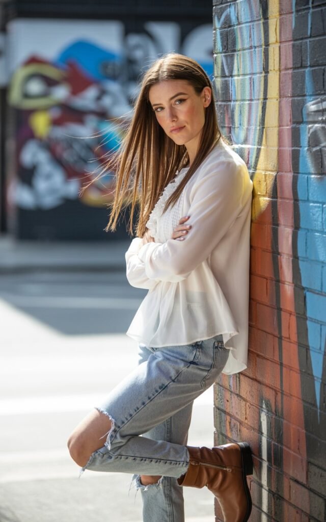 Full-body view of a white-skinned model with defined features, straight long hair, wearing a white ruffled blouse, distressed jeans, and ankle boots. Urban street with murals. Natural daylight. Model leaning against a wall, arms crossed casually, soft smile. Natural skin texture, light makeup, realistic hair flow.