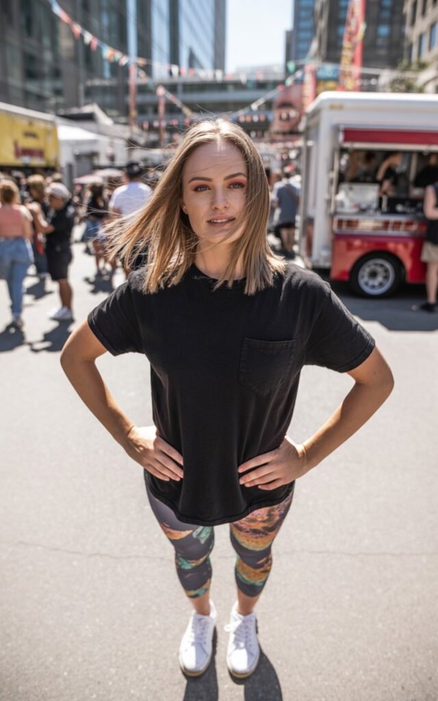 Full-body view of a white-skinned model with defined features, straight shoulder-length hair, wearing a black band tee, patterned leggings, and white sneakers. Outdoor city plaza with festival vibes. Midday natural daylight. Model standing casually, hands on hips, slight smile. Skin texture visible, natural hair movement, subtle makeup.