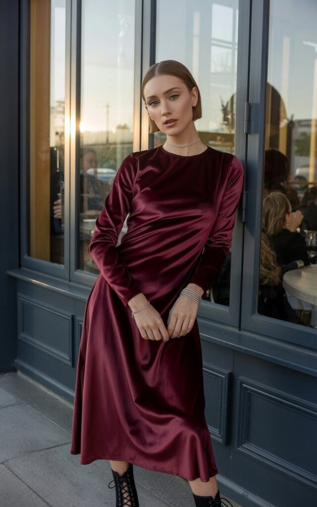 Full-body view of a white-skinned model with high cheekbones and sleek brunette hair, wearing a deep burgundy velvet midi dress with black lace-up ankle boots. Accessories silver choker, layered bracelets. Pose standing elegantly near a café window, hands loosely clasped. Lighting golden hour with soft warm glow on the velvet. Expression serene and slightly mysterious, subtle natural makeup.