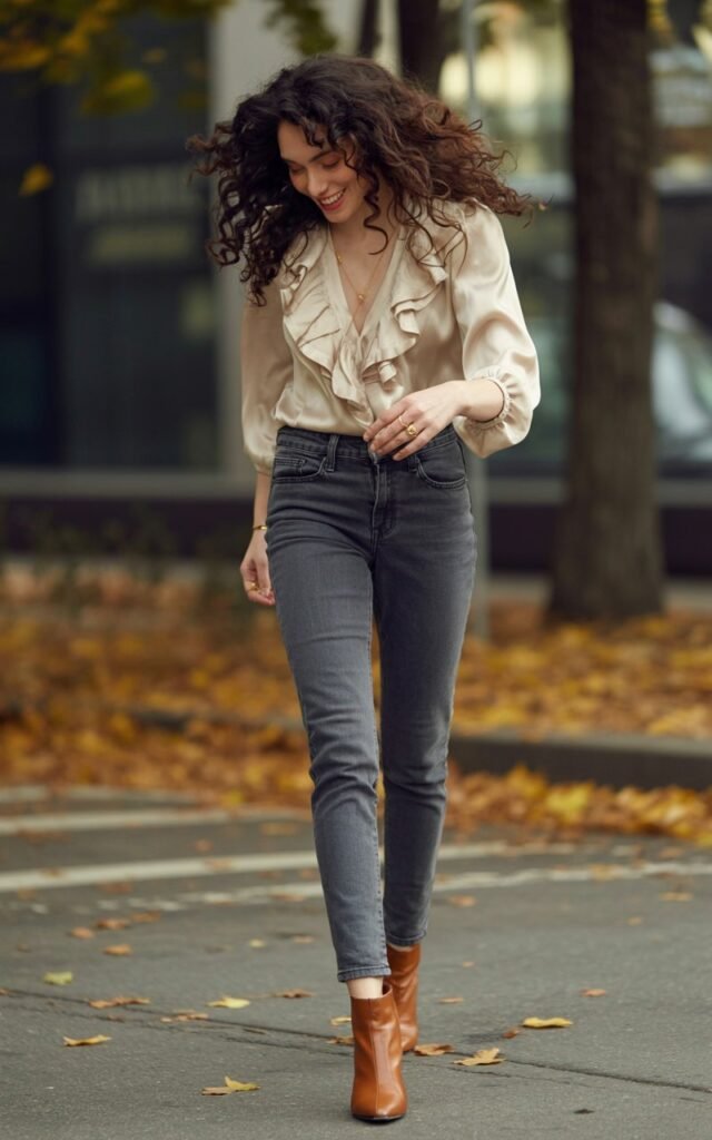 Full-body view of a white-skinned model with long curly dark hair, wearing a cream ruffled blouse, dark skinny jeans, brown heeled boots, and delicate rings. Walking on an urban street with autumn leaves, natural soft light. Striding forward, looking down with a candid smile. Realistic skin and hair movement, textures of ruffles and denim emphasized. Editorial, lifestyle fashion aesthetic.