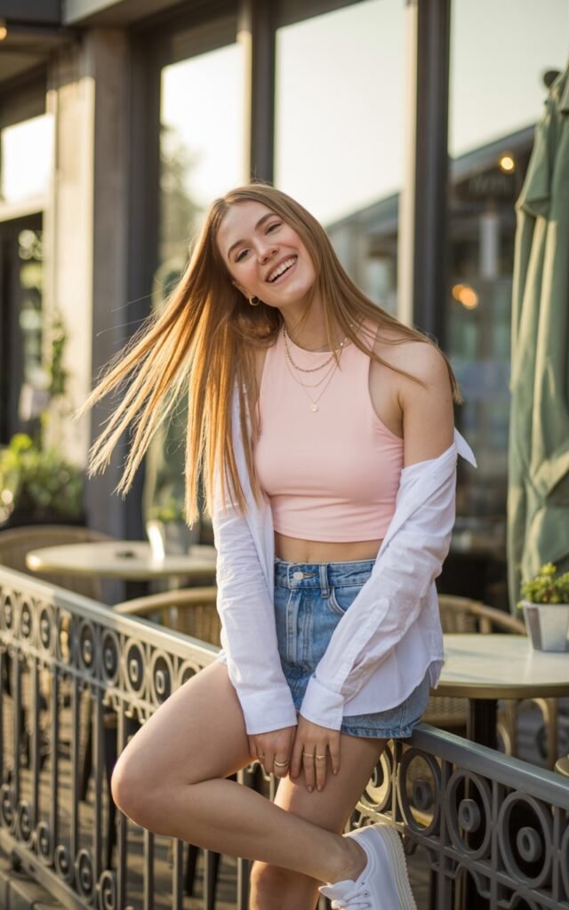 Full-body view of a white-skinned model with long straight blonde hair, wearing a pastel pink crop top layered over a white fitted long-sleeve shirt, paired with high-waist denim shorts and white sneakers. Standing in a sunlit café patio, soft daylight streaming through nearby windows. She is leaning slightly against a railing, playful expression, and her hair moves naturally in the breeze. Accessories include layered gold necklaces and minimal rings.