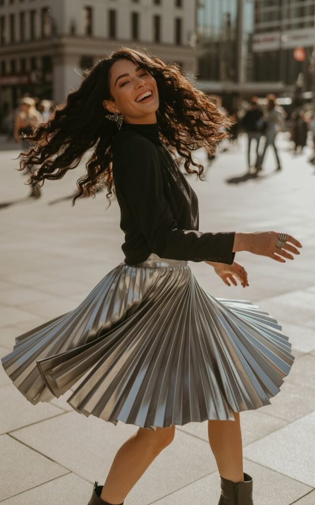 Full-body view of a white-skinned model with long wavy black hair, wearing a metallic silver pleated skirt, fitted black top, and black ankle boots. Accessories bold earrings, layered rings. Pose spinning slightly in a city plaza to show skirt movement. Lighting golden hour for reflective shine on metallic skirt. Expression playful and energetic, natural editorial makeup.