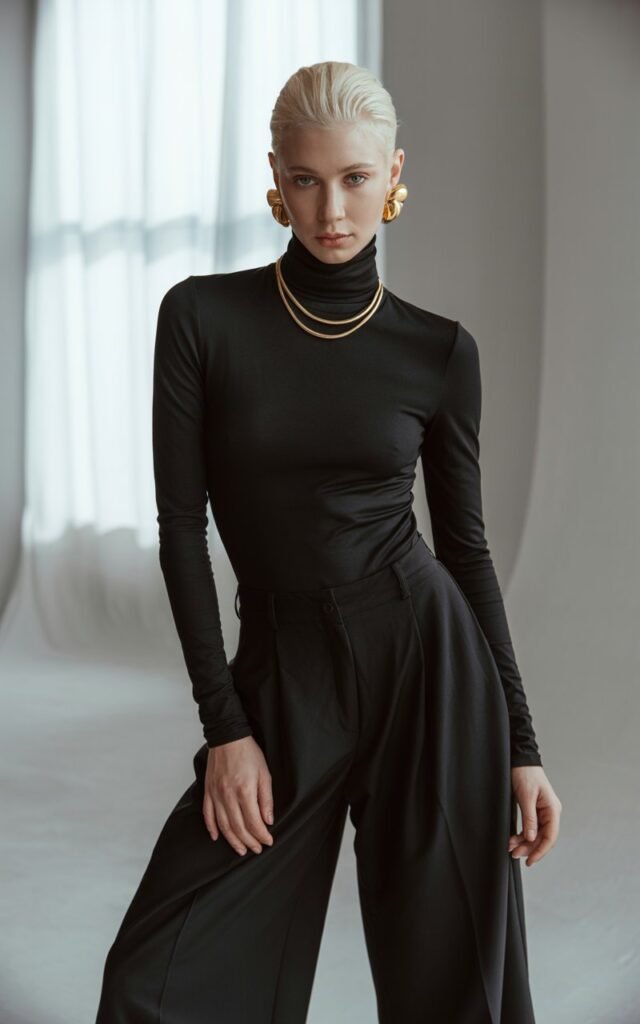 Full-body view of a white-skinned model with platinum blonde hair, wearing a black fitted turtleneck, matching wide-leg trousers, and statement gold earrings and necklace. Studio interior with soft window light. Standing straight, arms relaxed by sides, neutral yet confident expression. Emphasis on textures, skin, and jewelry reflections. Editorial realism, slight imperfections for authenticity.