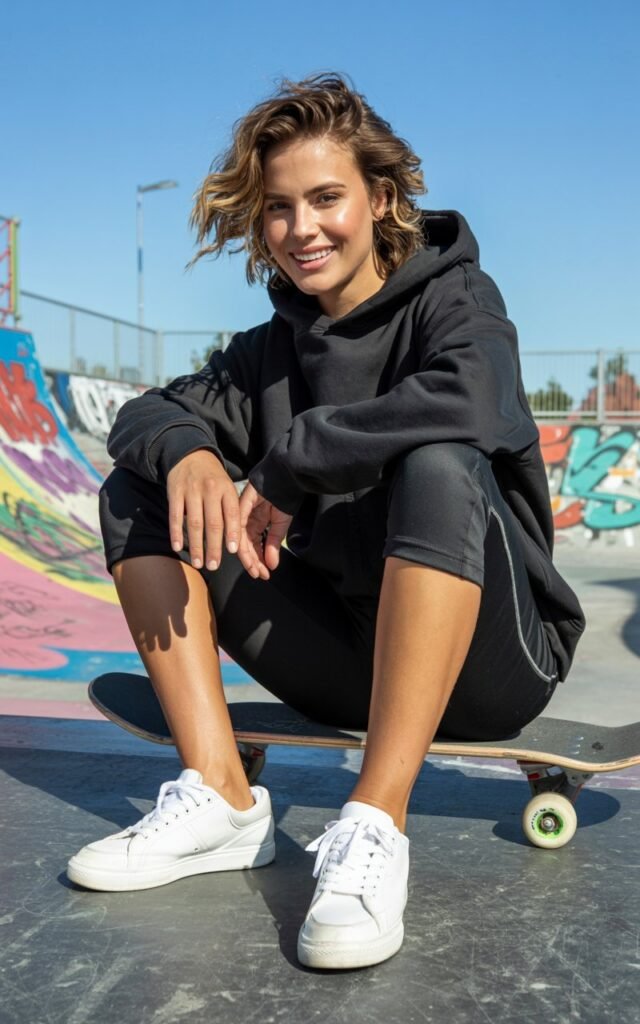 Full-body view of a white-skinned model with sharp cheekbones and wavy hair, wearing an oversized black hoodie, black bike shorts, and white sneakers. Skate park setting with graffiti and ramps. Bright daylight. Model sitting on a skateboard, relaxed and smiling at camera. Natural skin detail, tousled hair, light makeup.