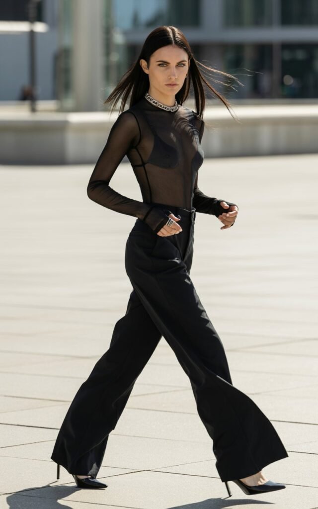 Full-body view of a white-skinned model with sharp features and long jet-black hair, wearing a black mesh bodysuit tucked into high-waisted wide-leg black trousers and black heels. Accessories bold necklace, rings. Pose walking in a modern urban plaza, hands relaxed at sides. Lighting bright natural daylight with soft shadows. Expression fierce, intense gaze, slight wind in hair for realism.