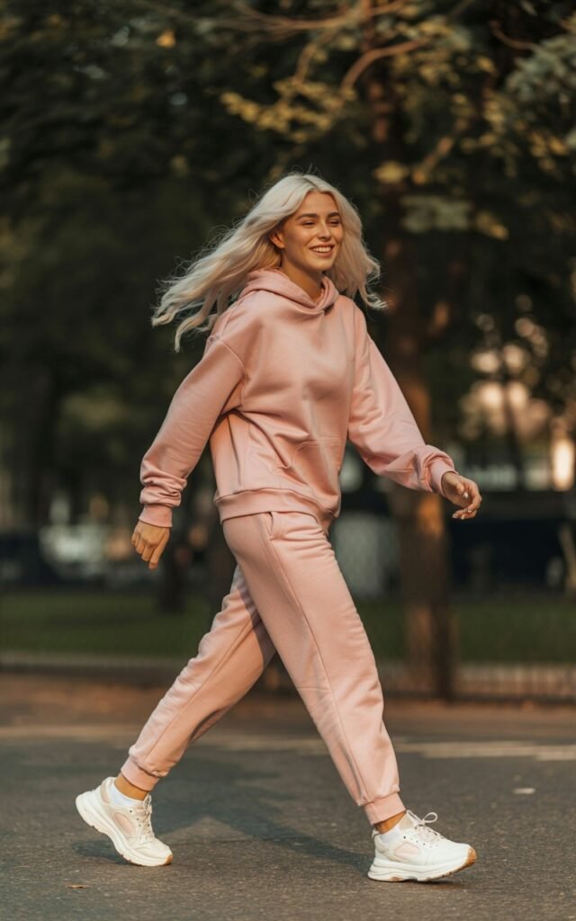 Full-body view of a white-skinned model with sharp features and long platinum blonde hair, wearing a pastel pink matching tracksuit set with chunky white sneakers. Background is a city park during golden hour. Model walks confidently, hands relaxed, hair flowing, playful grin. Accessories minimal, skin texture and natural imperfections visible.
