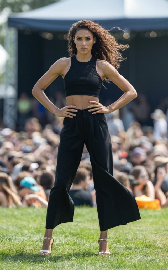 Full-body view of a white-skinned model with sharp features and loose curls, wearing a black crop top, high-waisted flowy pants, and strappy sandals. Festival stage with grass underfoot and crowd blurred in background. Midday natural daylight. Model standing confidently, hands on hips, looking forward. Realistic skin detail, subtle glow, natural hair flow.