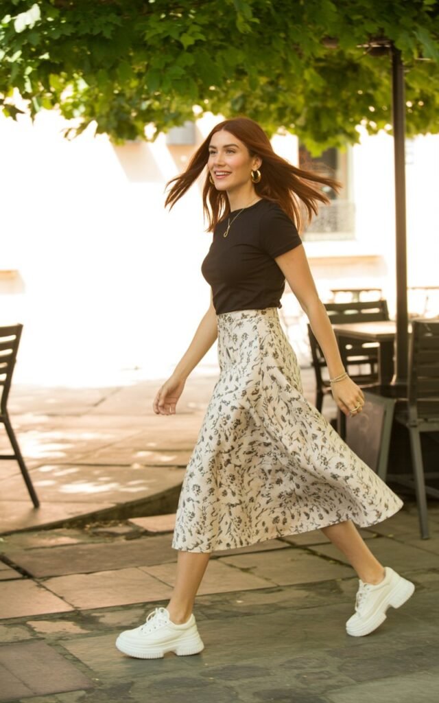 Full-body view of a white-skinned model with sharp features and sleek chestnut hair, wearing a floral midi skirt, fitted black tee, and chunky platform sneakers. Background is an outdoor café patio with sunlight filtering through trees. Model is walking, slight bounce in her step, hair flowing, playful smile, hands relaxed at sides. Accessories include hoop earrings and minimal rings.