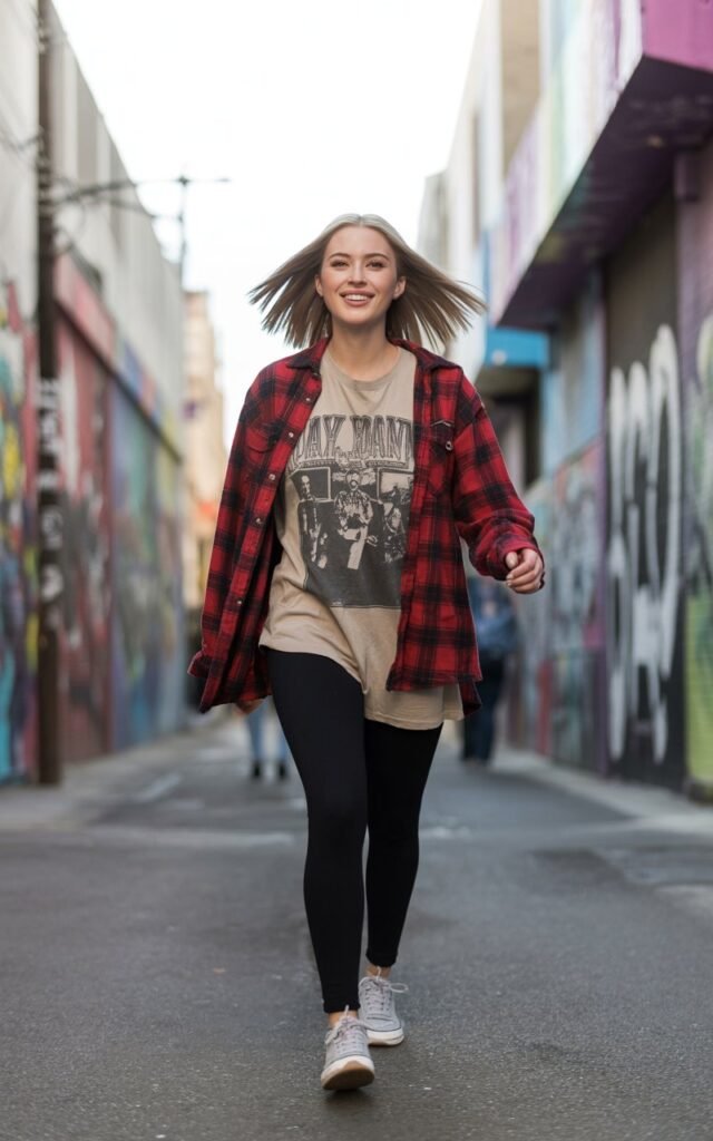Full-body view of a white-skinned model with sharp features, shoulder-length straight hair, wearing a red plaid shirt, vintage band tee, black leggings, and sneakers. City alley background with graffiti. Soft daylight. Model walking forward with relaxed stance, smiling naturally. Skin texture and natural hair flow visible, light makeup.