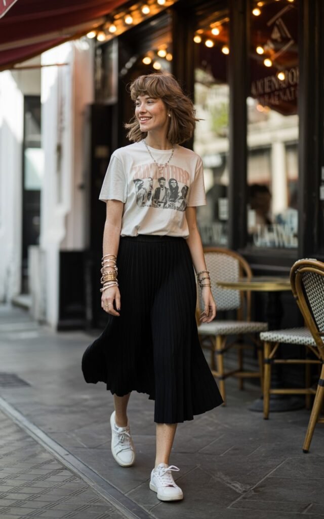 Full-body view of a white-skinned model with sharp jawline and mid-length hair, wearing a vintage band tee tucked into a pleated black skirt, white sneakers, and layered bracelets. Sidewalk café setting with string lights overhead. Soft indoor window light. Model walking casually, smiling and looking off-camera. Natural skin texture, tousled hair, soft makeup with freckles visible.