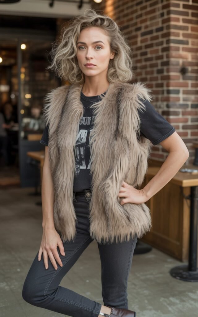 Full-body view of a white-skinned model with sharp jawline, shoulder-length wavy hair, wearing a beige faux fur vest over a black band tee, skinny jeans, and boots. Indoor café setting with exposed brick walls. Soft indoor lighting. Model standing casually, one hand on hip, playful smirk. Natural skin texture, subtle makeup, realistic hair movement.