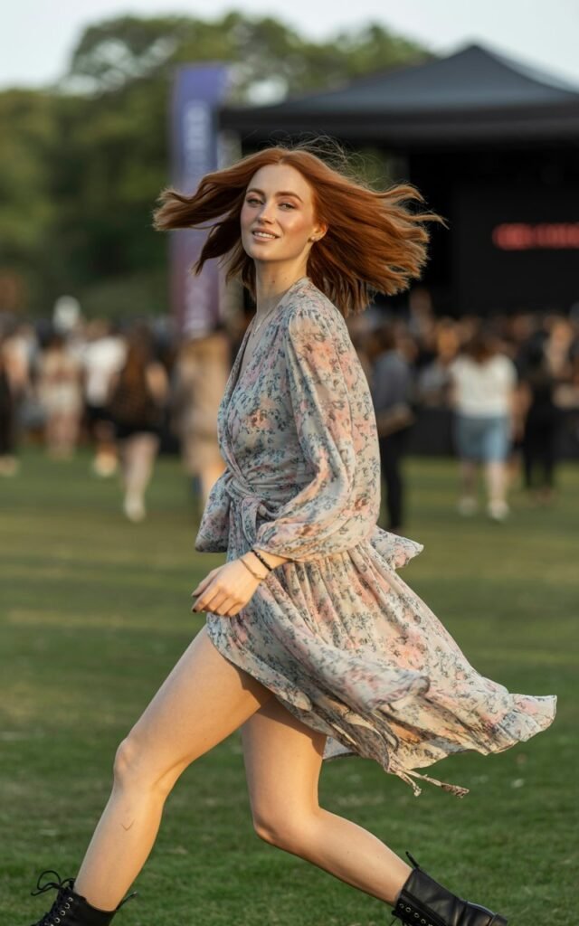 Full-body view of a white-skinned model with sharp symmetrical features, medium-length wavy hair, wearing a floral wrap dress and black combat boots. Outdoor festival with grass and blurred stage in background. Soft late afternoon sunlight. Model walking, mid-spin, smiling naturally. Skin texture visible, hair flow natural, subtle makeup.