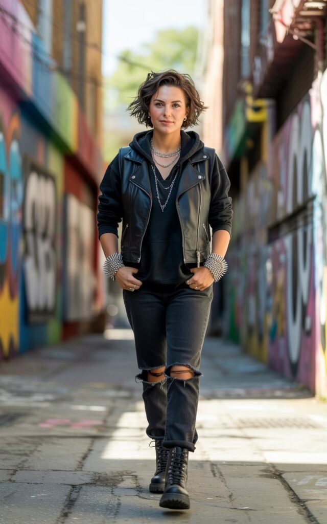 Full-body view of a white-skinned model with short dark hair, wearing a black hoodie layered under a fitted black leather vest with ripped black jeans and combat boots. Accessories spiked bracelets, layered necklaces. Pose walking on a graffiti-lined alley street, hands in pockets. Lighting soft natural daylight with urban shadows. Expression casual, confident, slight smile, natural skin texture.