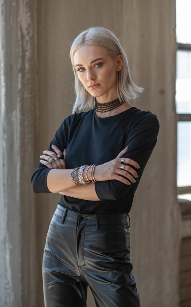 Full-body view of a white-skinned model with shoulder-length silver hair, wearing an all-black fitted outfit with multiple chokers, layered bracelets, and rings, paired with leather pants and boots. Pose standing against a dark industrial wall, arms crossed to highlight accessories. Lighting soft natural light emphasizing textures. Expression confident smirk, natural skin texture, subtle makeup.