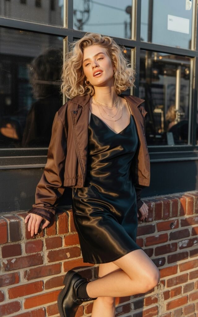 Full-body view of a white-skinned model with soft waves in her blonde hair, wearing a black satin slip dress layered with a cropped leather jacket, ankle boots, and layered necklaces. She leans against a brick wall outside an industrial café during golden hour. Slightly playful expression, one foot forward. Emphasize realistic skin, subtle imperfections, natural flow of hair, and soft reflections on satin. Authentic fashion editorial look.