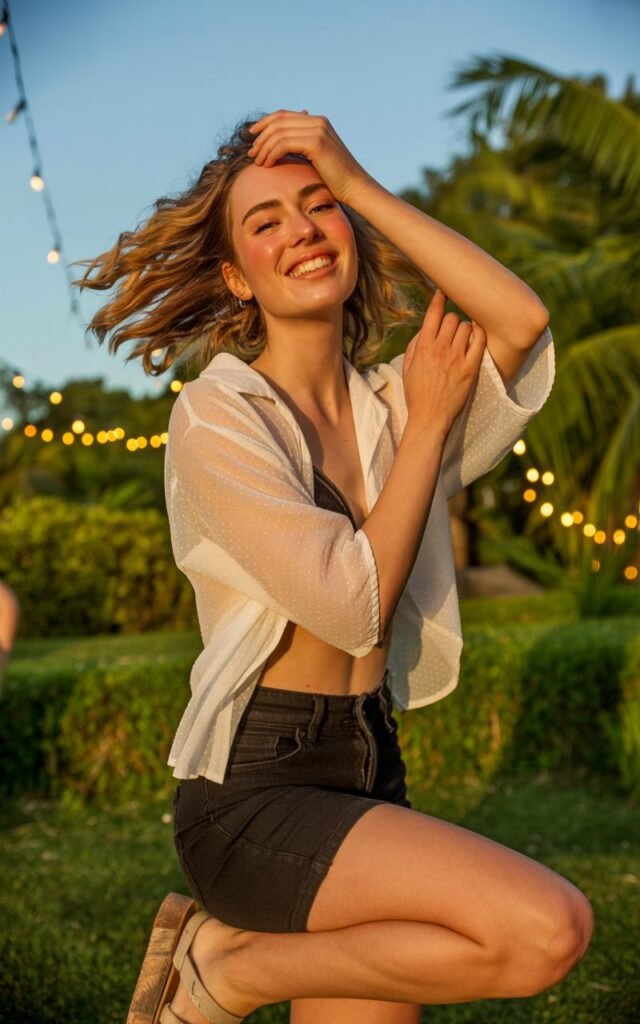 Full-body view of a white-skinned model with symmetrical face, wavy shoulder-length hair, wearing a sheer white blouse over a black bralette, black shorts, and sandals. Outdoor festival with greenery and string lights. Golden hour light. Model standing slightly angled, smiling, hand in hair. Visible skin texture, soft subtle makeup, natural hair movement.