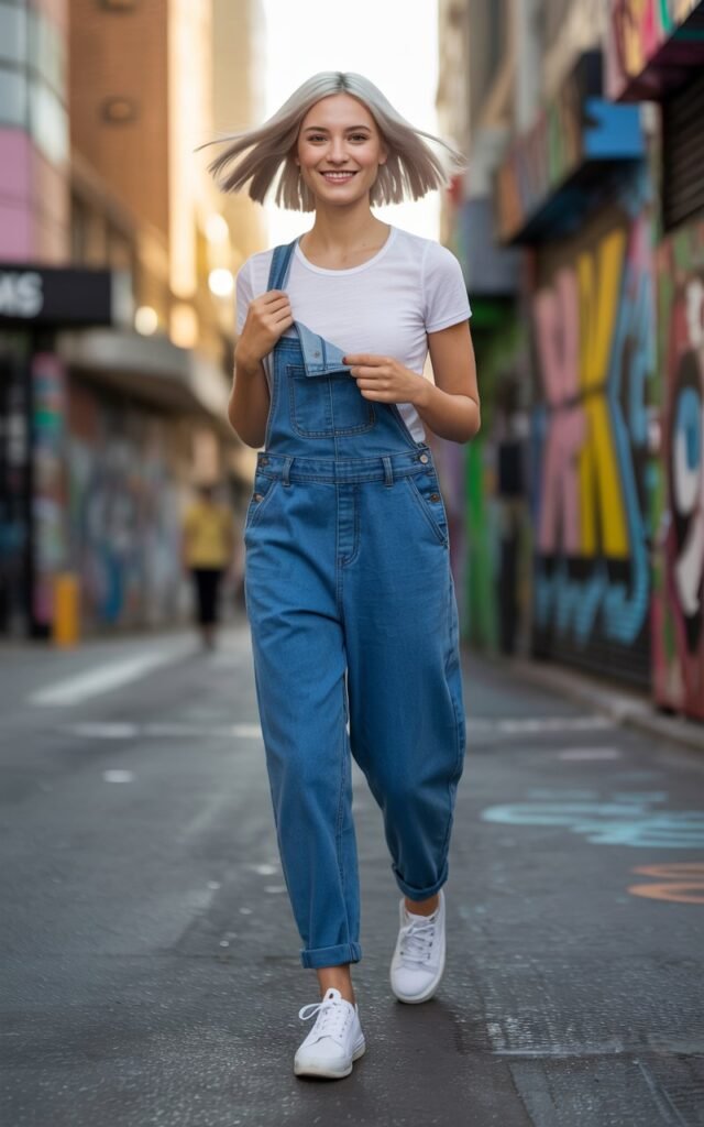 Full-body view of a white-skinned model with symmetrical features and short platinum hair, wearing blue denim overalls with one strap undone, a fitted white tee underneath, and white sneakers. Scene set in a graffiti-covered urban alleyway, soft golden hour light. Model is mid-step, playful grin, head slightly tilted, hands adjusting the undone strap. Realistic hair movement and skin texture visible.