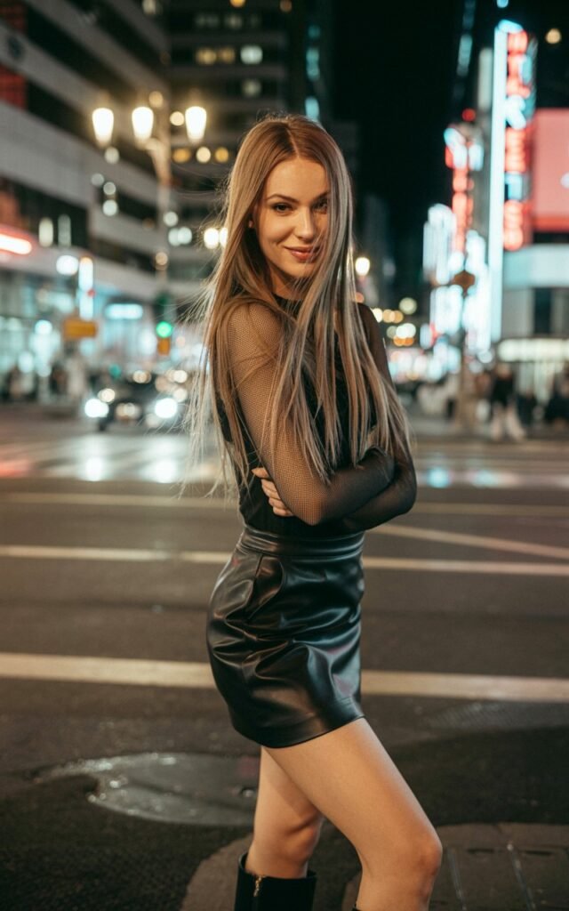 Full-body view of a white-skinned model with symmetrical features, straight long hair, wearing a black leather mini skirt, black mesh top, and boots. Nighttime city street with lights and neon reflections. Soft street lighting. Model standing confidently, one leg forward, playful smirk. Skin texture visible, subtle imperfections, natural hair flow.