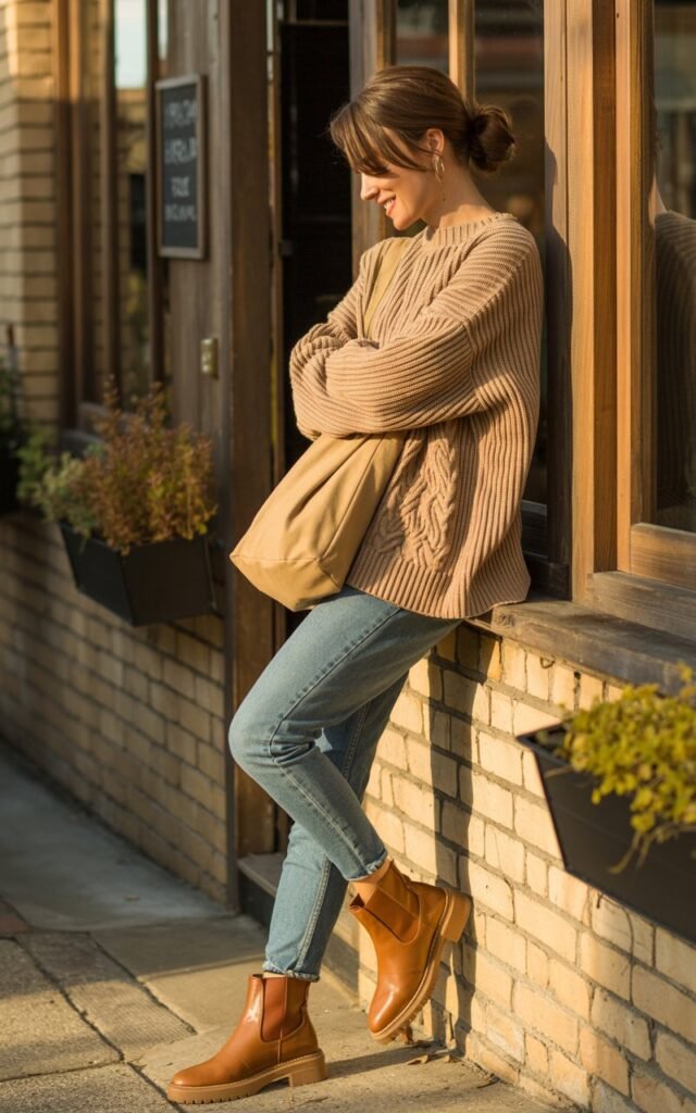 Full-body view of a white-skinned woman leaning against a rustic café exterior during golden hour. She wears a chunky oversized beige knit sweater, medium-wash skinny jeans, ankle boots, and a slouchy tote bag. Hair is in a messy low bun with loose strands framing her face. Warm golden light highlights the texture of the sweater. Her pose is soft and cozy, arms lightly crossed, expression warm and content.