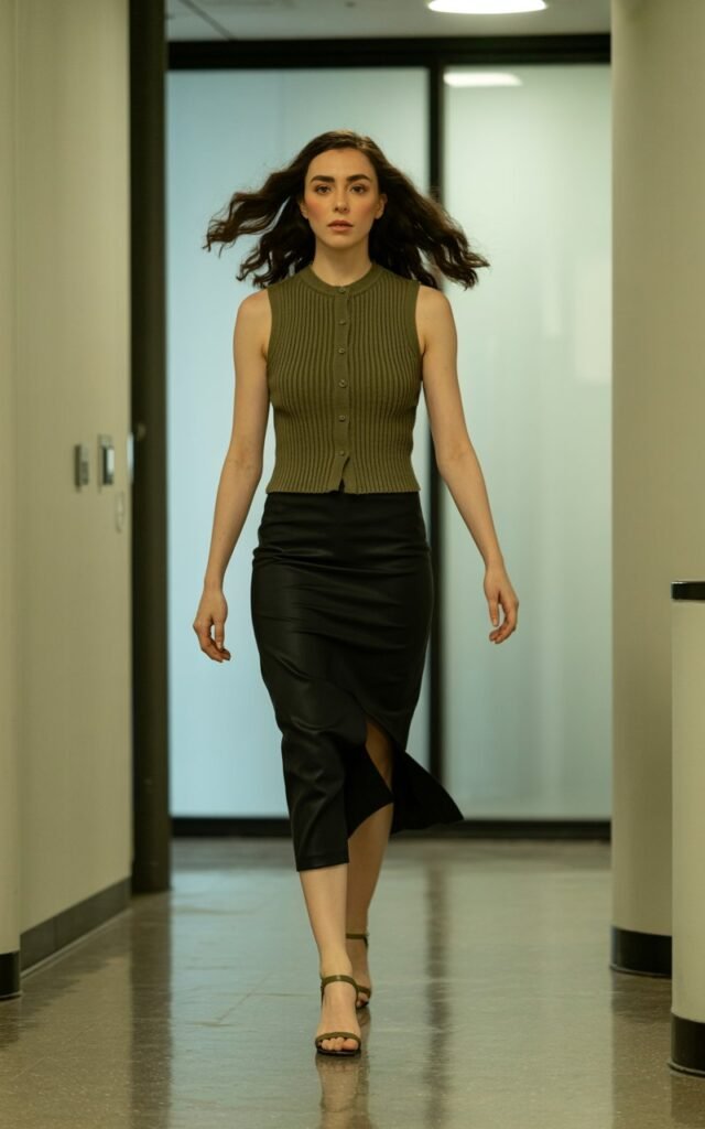 Full-body view of a white-skinned woman with dark waves, wearing a ribbed olive vest tucked into a black midi pencil skirt and block-heel sandals. Office hallway with muted indoor lighting. She walks forward, arms relaxed at her sides. Clean editorial realism.
