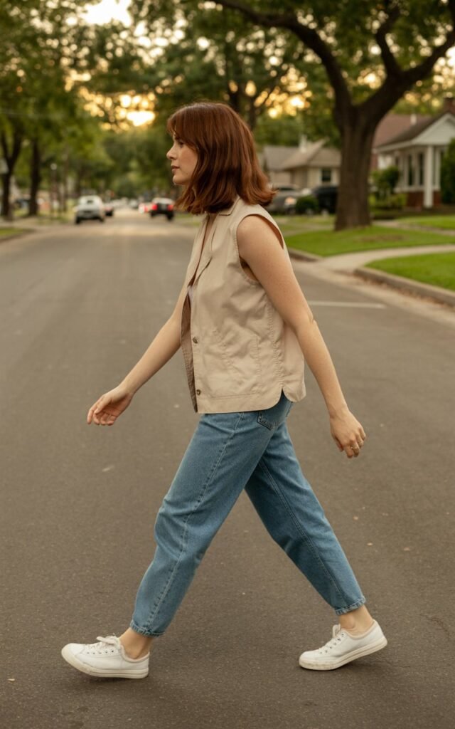 Full-body view of a white-skinned woman with shoulder-length chestnut hair, wearing a simple beige vest, classic blue jeans, and white sneakers. Captured on a quiet suburban street during afternoon natural daylight. She walks casually, hands swinging naturally. Effortless and real.