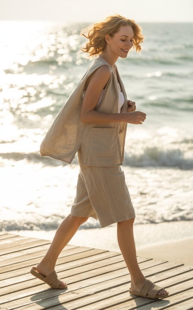 Full-body view of a white-skinned woman with soft golden curls, wearing a beige linen vest, matching Bermuda shorts, and woven sandals. Beachside boardwalk during bright morning sunlight. She walks playfully with a gentle smile. Breezy, natural aesthetic.