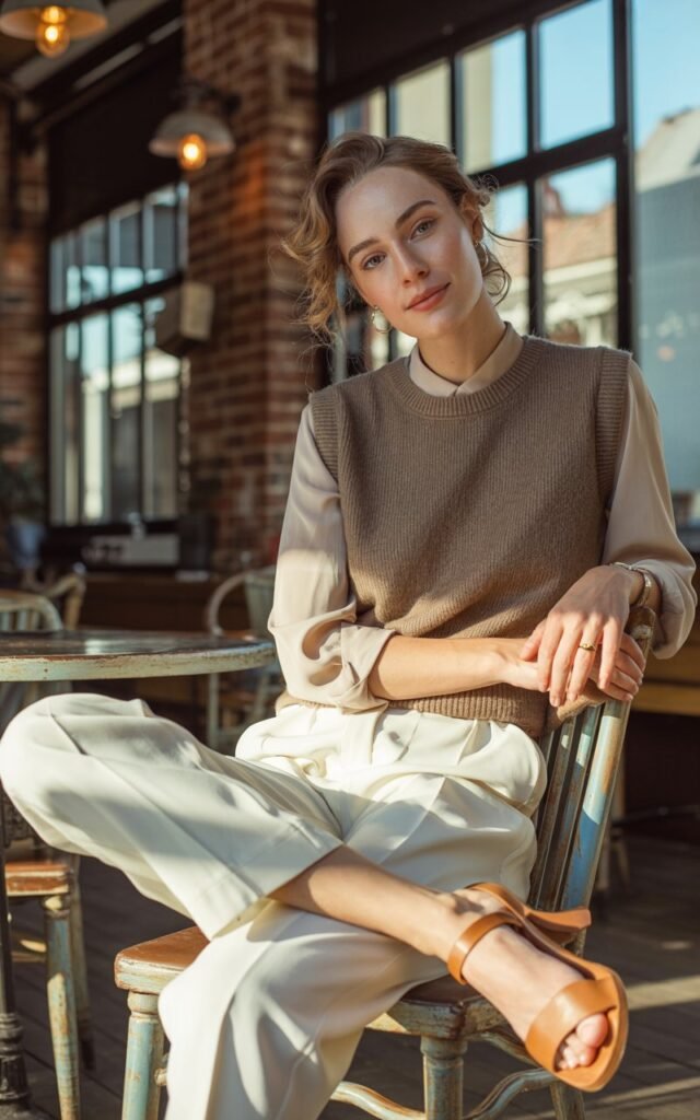 Full-body view of a white-skinned woman with soft waves in her light brown hair, wearing a taupe sweater vest and tailored white pants with tan sandals. Shot in a cozy, sunlit café. She sits on a wooden chair with legs crossed, giving a relaxed, warm expression. Soft daylight and natural shadows enhance skin texture.