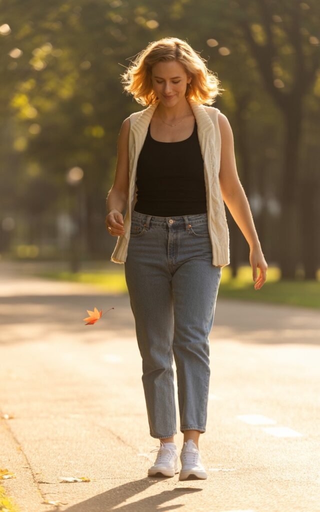 Full-body view of a white-skinned woman with wavy blonde hair, wearing a cream knit vest over a fitted tank top and straight-leg medium-wash jeans paired with white sneakers. She strolls through a sunlit park path with trees softly blurred in the background. Golden-hour lighting creates warm highlights. Candid walking pose with a relaxed, natural smile.