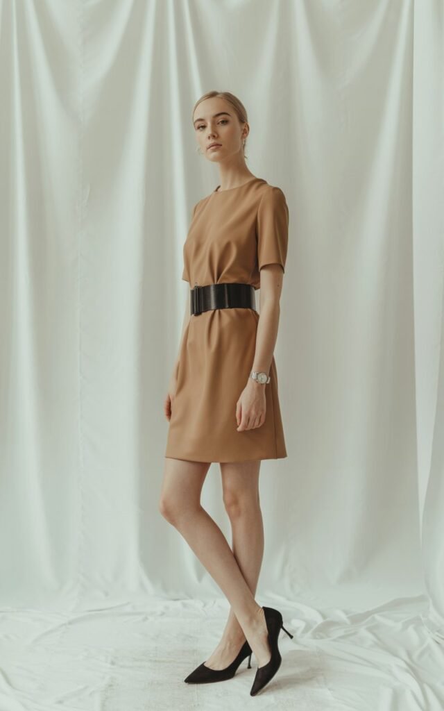 Model in a minimalist studio setup, wearing a camel-colored shift dress cinched at the waist with a black belt. Full-body shot under soft diffused light. She pairs it with black pumps and a simple wristwatch. Standing confidently, one foot slightly forward, gaze direct but gentle.