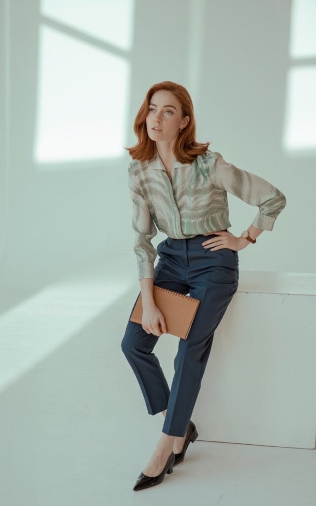 Model in a patterned silk blouse tucked into navy cigarette pants, standing in a minimalist studio with natural lighting. She’s wearing black pointed flats and a slim leather watch. Her hair is styled in soft waves. Expression confident but relaxed, one hand on hip, one holding a notebook.
