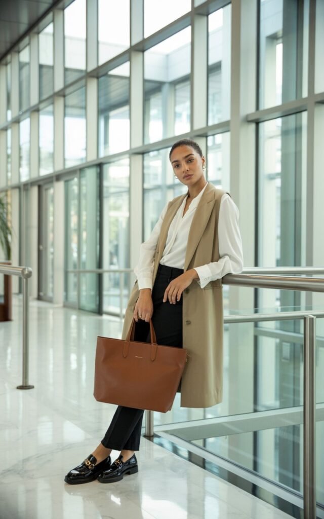 Model stands in a modern corporate lobby, wearing a beige longline vest over a white blouse and black tailored pants. The outfit is completed with loafers and a structured tote. Bright daylight from glass windows. She’s leaning casually against a railing, expression poised and modern.