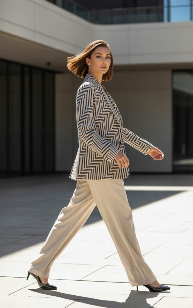 Model stands in a modern urban courtyard under bright daylight. She wears a bold patterned statement jacket with cream tailored trousers and black pumps. Hair styled in a chic bob, makeup minimal. She’s mid-walk, looking to the side with a confident half-smile.