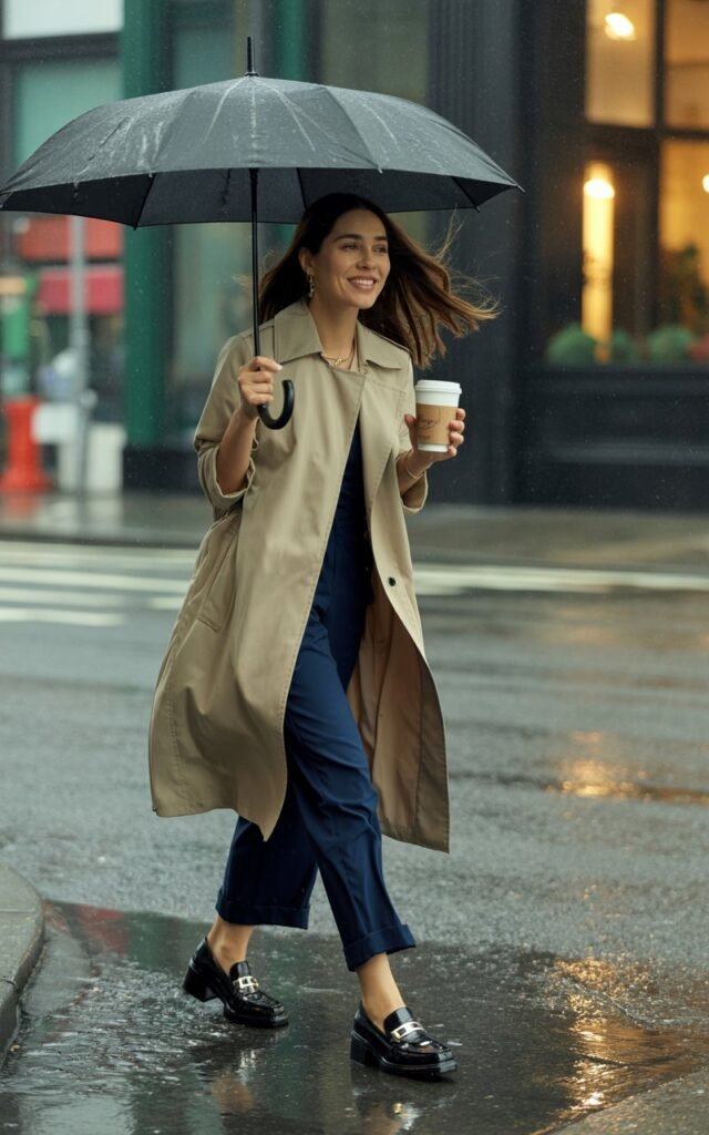 Model stands on a rainy street holding a coffee cup under an umbrella. She wears a beige trench coat layered over a navy jumpsuit and block-heeled loafers. Natural diffused lighting, soft reflections on wet pavement. She’s mid-step, smiling, with wind tousling her hair.