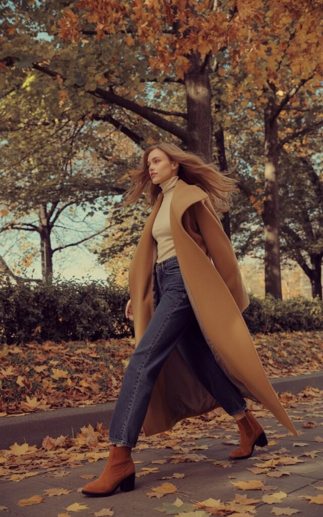 White-skinned female model with long flowing hair walks along a fall sidewalk covered in leaves. She wears a camel longline coat over a turtleneck and jeans with suede boots. Golden-hour sunlight filters through trees. Her coat sways slightly as she walks, giving a cinematic motion effect.