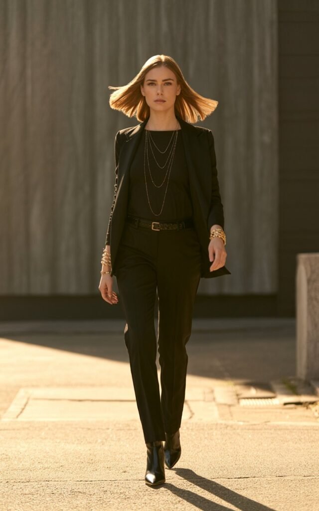 White-skinned female model with straight shoulder-length hair stands against a moody, modern concrete backdrop. She wears an all-black ensemble — fitted top, slim trousers, and heeled boots — with layered gold jewelry. Dramatic golden-hour lighting enhances contrast. She’s walking forward with serious, confident energy.