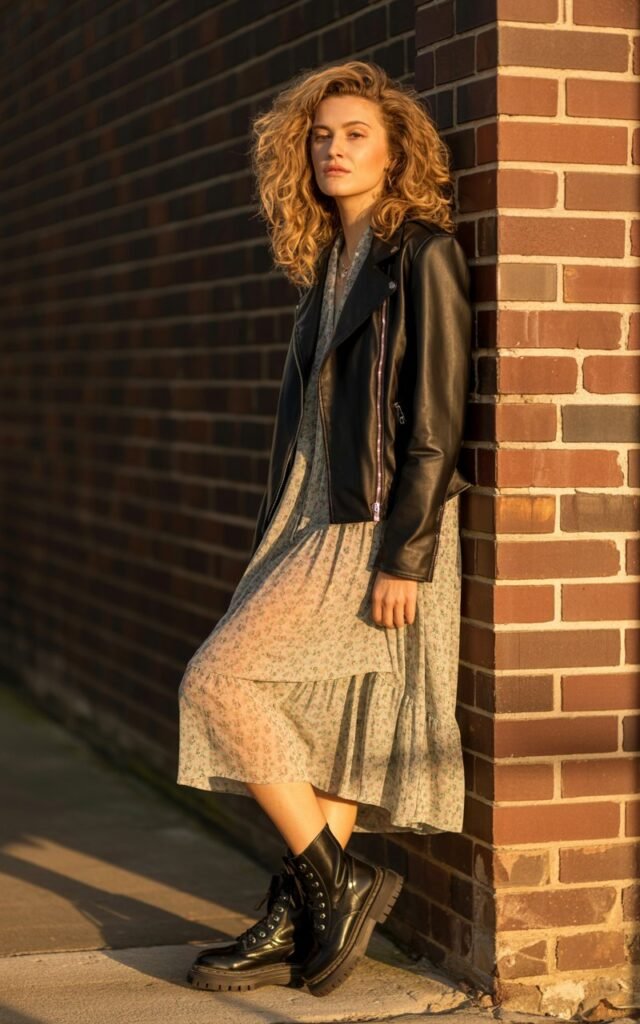 White-skinned female model with voluminous wavy hair poses outdoors against a brick wall. She wears a black faux leather jacket layered over a floral midi dress, paired with chunky combat boots. Golden-hour lighting adds warmth and drama. She stands with one leg slightly forward, gazing confidently at the camera.