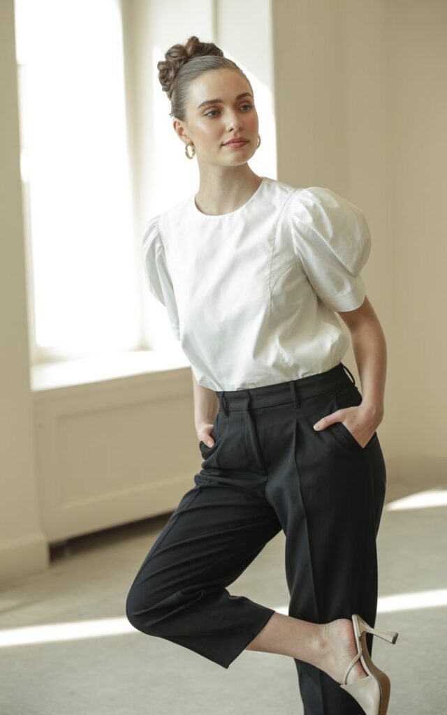 White-skinned model with elegant updo poses in an airy indoor space. She wears a puff-sleeve white blouse tucked into cropped black trousers, paired with small gold hoops and heeled mules. Soft window light illuminates her outfit. Her expression is composed yet friendly, hands gently in pockets.
