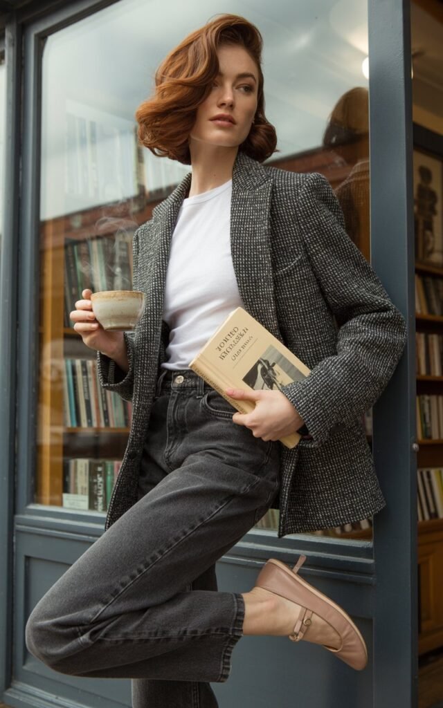 White-skinned model with side-parted shoulder-length hair poses near a bookstore entrance. She wears a fitted tweed jacket over a white tee and straight-leg jeans, paired with ballet flats. Natural daylight, slightly overcast. She’s holding a coffee and book, looking stylishly effortless.