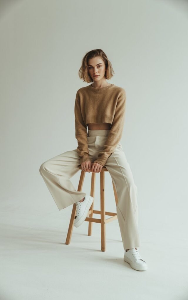 Full-body shot of a white-skinned model with short tousled bob hair, posing in a minimalist studio setting. She wears a cropped tan sweater with high-waisted cream wide-leg pants and white sneakers. The lighting is soft and even. She’s sitting on a stool, legs slightly crossed, giving a casual but confident vibe.