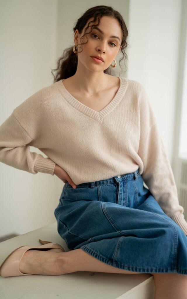 A natural-looking young curvy woman wearing a V-neck sweater with a denim midi skirt. Theme curvy outfits.